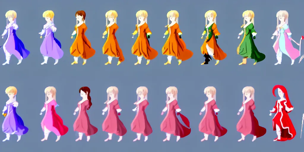 Image similar to walking animation sprite sheet of a girl in a renaissance dress, walking to the right, each sprite is a different frame of the animation, in the style of final fantasy games