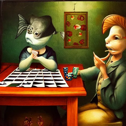 Image similar to two fishes sitting at a table playing cards, at the bottom of the sea, the table has a checkered table cloth, hyperdetailed, cinematic light, lowbrow surrealistic, in the style of mark ryden,