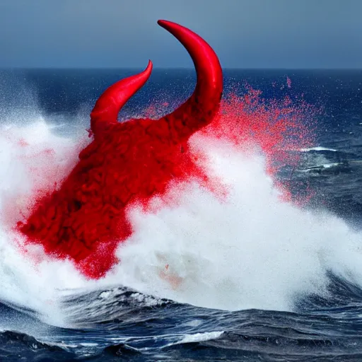 Image similar to a devilish red monster with horns emerging from boiling rough seas, photo by david lachapelle, s - 5 0