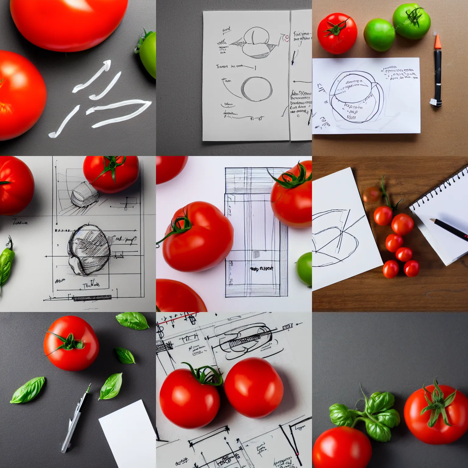 Prompt: technical drawing of tomato, notes, scribbles, white paper