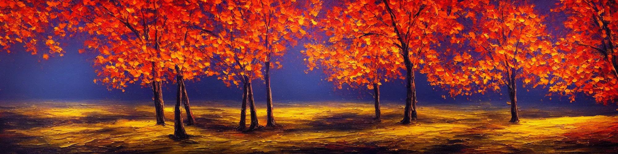 Image similar to painting of autumn landscape during night, award winning painting, beautiful, breathtaking, stunning scenery, trending on artstation, masterpiece