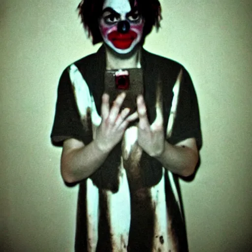 Image similar to creepy grunge disposable camera photo of a sad clown | horror | nightmare