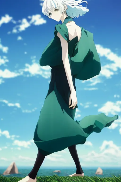 Prompt: 3D CG anime Land of the Lustrous Houseki no Kuni character Phosphophyllite person with a very large chest size made of shiny light bluegreen gem rock standing in a grassy field on a sunny day wearing a white business shirt with black tie and black shorts, ocean shoreline can be seen on the horizon, beautiful composition, 3D render, 8k, key visual, god rays, aesthetic, made by Haruko Ichikawa, Makoto Shinkai, studio Ghibli