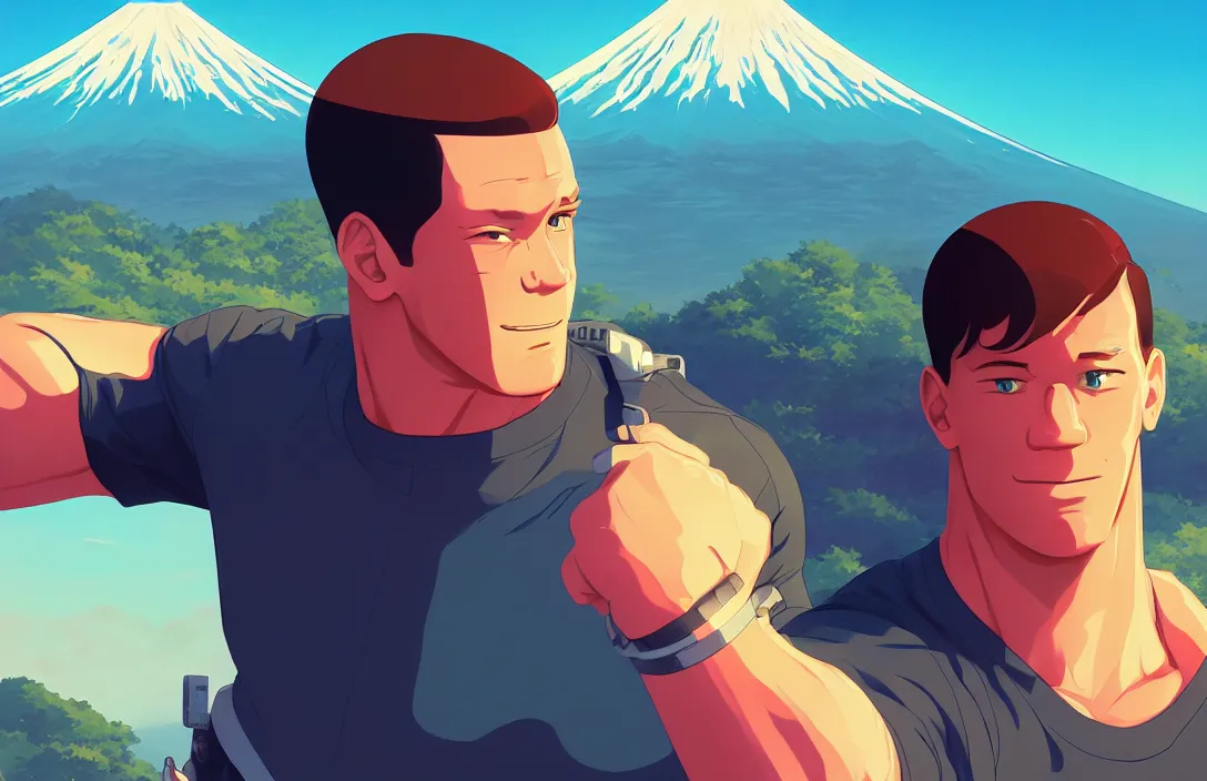 Image similar to portrait of john cena, mount fuji background, rich vivid colors, ambient lighting, dynamic lighting, 4 k, hq, official media, anime key visual, makoto shinkai, ilya kuvshinov, lois van baarle, rossdraws, detailed, trending on artstation