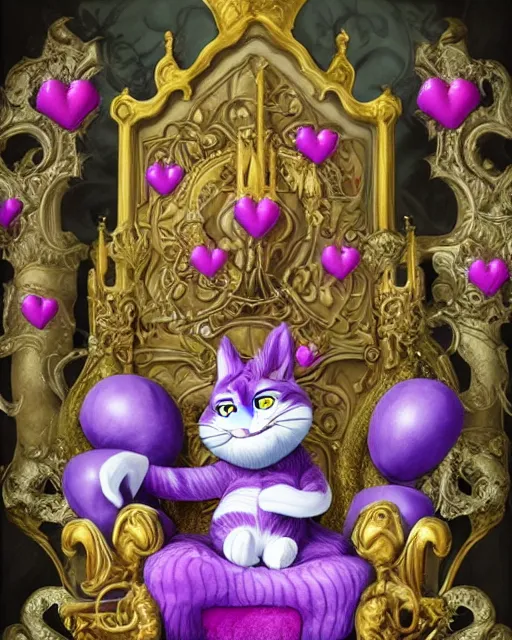 Prompt: 'cheshire cat' from 'alice in wonderland' as elden lord, sitting on throne, background is ornate castle in rococo style, beautiful architecture, falling hearts, flowers