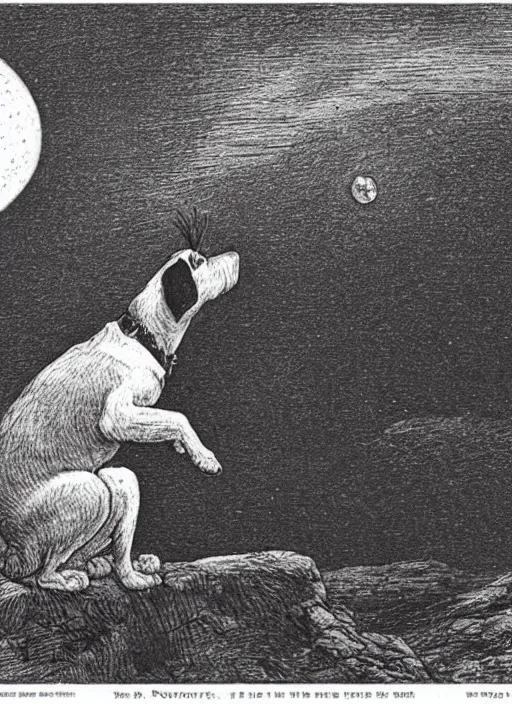Image similar to candid portrait of jack russel dog looking up barking at the moon, from behind, night sky, highly detailed, illustrated by peggy fortnum and beatrix potter and sir john tenniel
