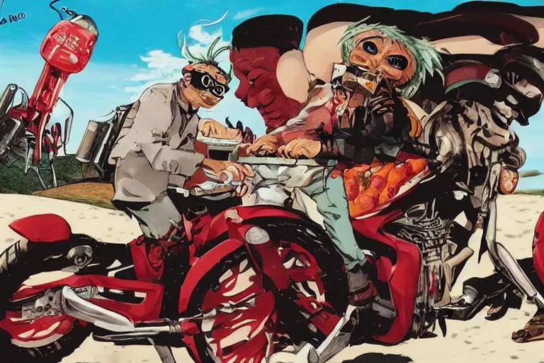 Image similar to 'pizza the hut', akira's motorcycle, gorillaz, poster, high quality