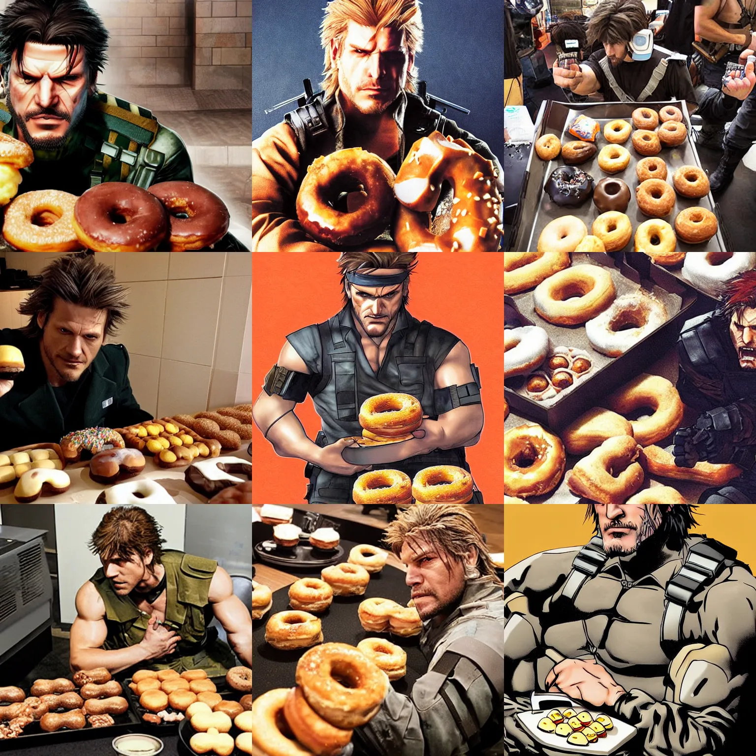 Prompt: Solid Snake from Metal Gear eating a buffet of doughnuts, photograph