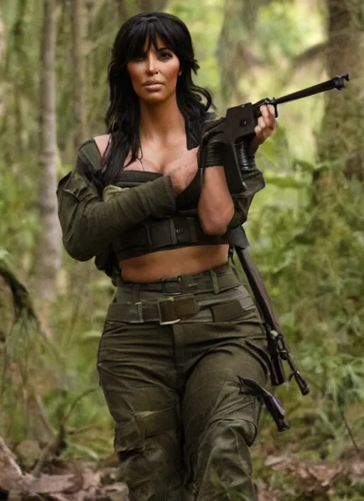 Prompt: film still of kim kardashian as John Rambo in Rambo,