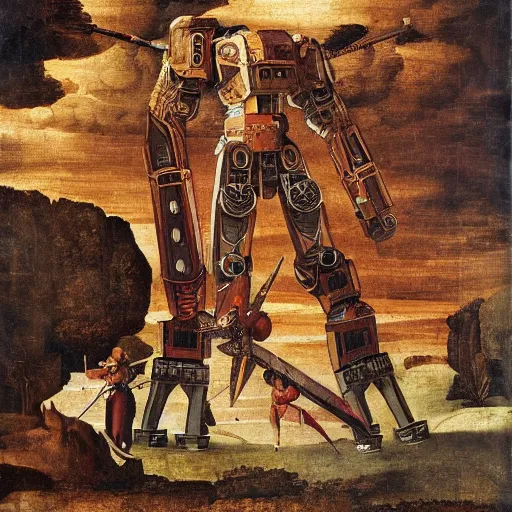 Image similar to a giant mech with a sword, renaissance art