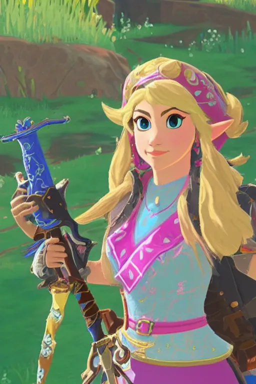 Image similar to an in game portrait of princess peach from the legend of zelda breath of the wild, breath of the wild art style.