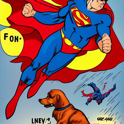 Prompt: Superman kicking a dog, Lois Lane is shocked, comic book illustration, detailed 4k