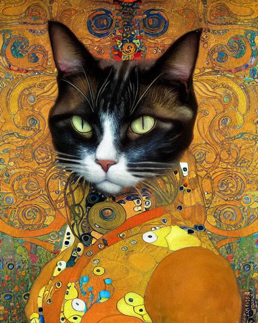 Image similar to gentleman cat portrait an oil painting splashes with many colors and shapes by gustav klimt greg rutkowski and alphonse mucha, polycount, generative art, psychedelic, fractalism, glitch art