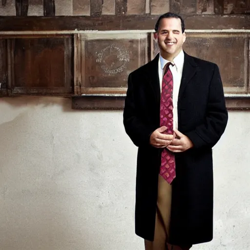 Image similar to full length shot : : clean - shaven smiling white chubby italian american man in his 4 0 s wearing a long brown overcoat and necktie and black shoes shoes shoes holding a burger, 2 0 0 6 advertising promo shot