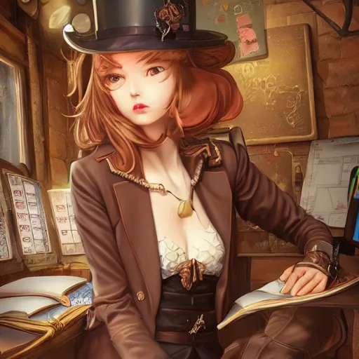 Image similar to a beautiful steampunk detective girl sitting in her office | | cute - fine - face, pretty face, fine details by stanley artgerm lau, wlop, rossdraws, james jean, andrei riabovitchev, marc simonetti, and sakimichan, trending on artstation