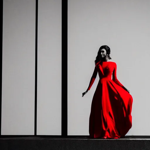 Prompt: a detailed portrait photo of elegant woman, noire photo, grayscale photo with red dress, photo by Michael David Rock, 8K, 50mm lens