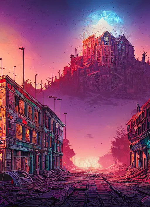 Prompt: concept art by dan mumford of apocalypse abandoned city art, digital painting, sharp focus, illustration