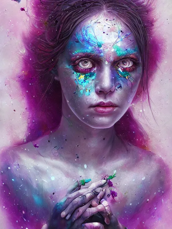 Prompt: art portrait of space decaying girl with purple eyes, with flower exploding out of head,8k,by tristan eaton,Stanley Artgermm,Tom Bagshaw,Greg Rutkowski,Carne Griffiths,trending on DeviantArt,face enhance,hyper detailed,minimalist,cybernetic, android, blade runner,full of colour