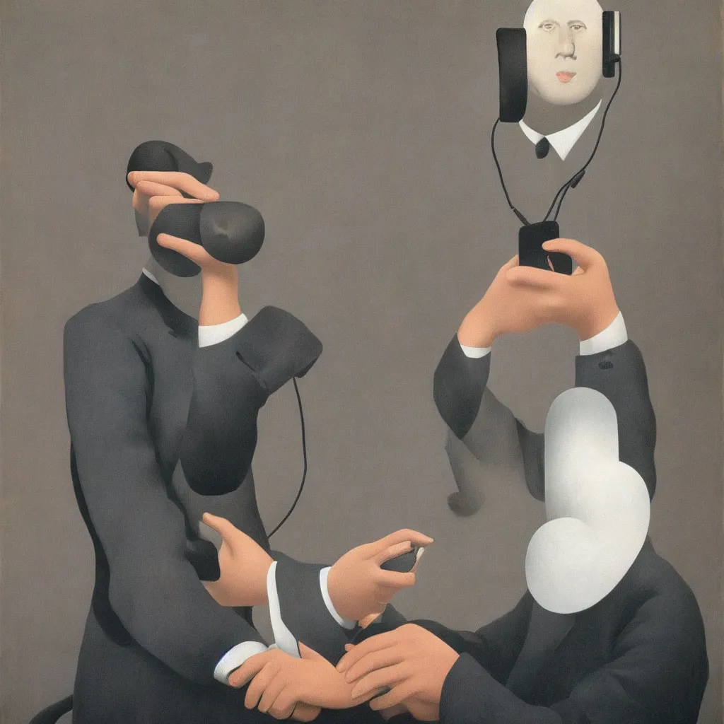 Image similar to i, a man wearing headphone and playing his iphone, by rene magritte