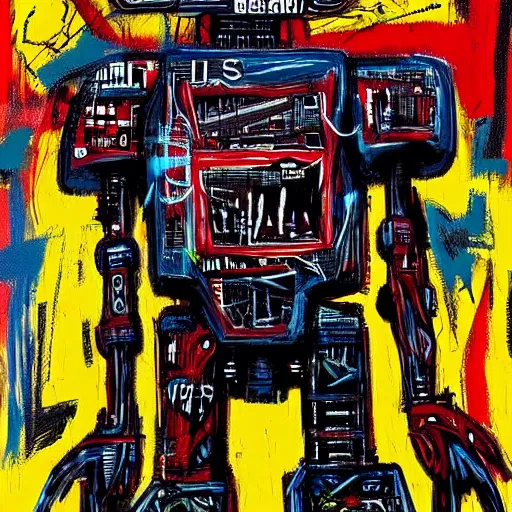 Image similar to realistic combat mecha in the style of jean - michel basquiat, beeple, junji ito, metal shaded