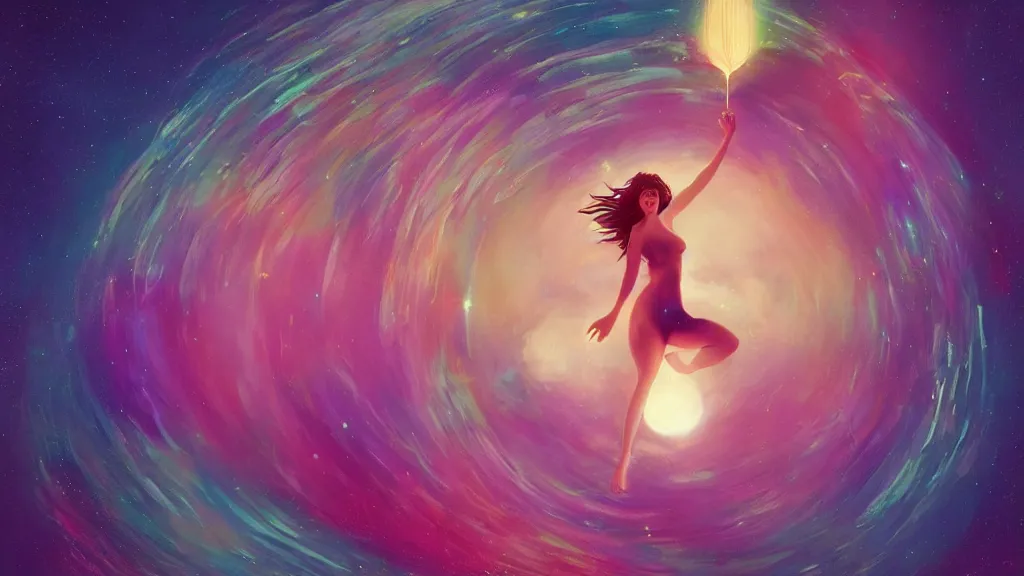 Image similar to a beautiful whimsical goddess floating above a lake basking in the moonlight, casting a spell, underneath a multi-colored binary blackhole with an accretion disc, glowing trails following her arms, acidwave, by Lois van Baarle, by Greg Rutkowski, by artgerm, by beeple, by studio ghibli, cinematic angle, volumetric lighting, 4k resolution, octane render, trending on artstation, masterpiece