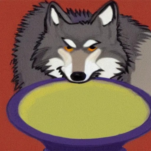 Image similar to a wolf drinking soup