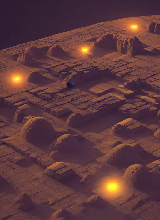 Image similar to isometric view, video game level design of a planet surface with ancient structures, Egyptian, unreal engine, Arnold render, octane render, moody, night, highly detailed, volumetric lighting, glow