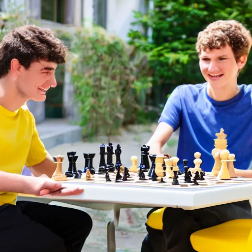 Image similar to two young guys are sitting at a table, playing chess. One is wearing a yellow tanktop and is smiling. The other has a white shirt and looks angry. The sky is blue with a Mediterranean background. Foto. Detailed faces. Detailed hands.