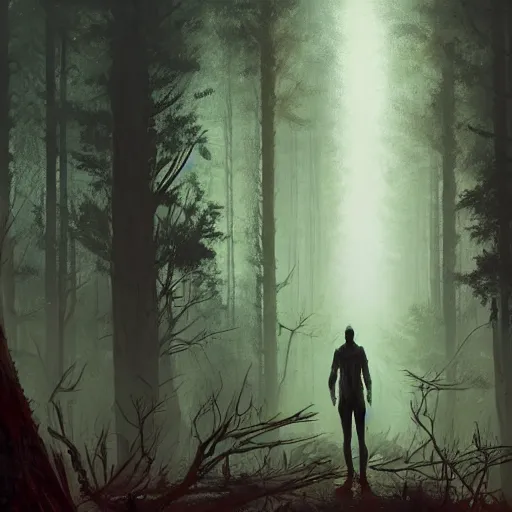 Image similar to concept art by greg rutkowski, a very tall and slender young man, frightened, surrounded by fireflies, in the middle of a forest of giant trees, detailed portraits, disturbing atmosphere, uncanny green lighting, scifi, digital painting, artstation, concept art, smooth, sharp foccus ilustration, artstation hq