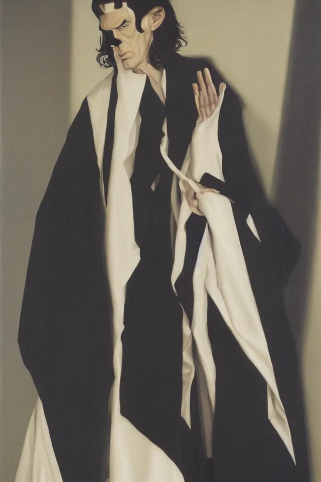 Prompt: painting of a beautiful tall thin man with pale skin, in black latex robes by bill sienckiwicz, high detail, high contrast, rim light, atmospheric