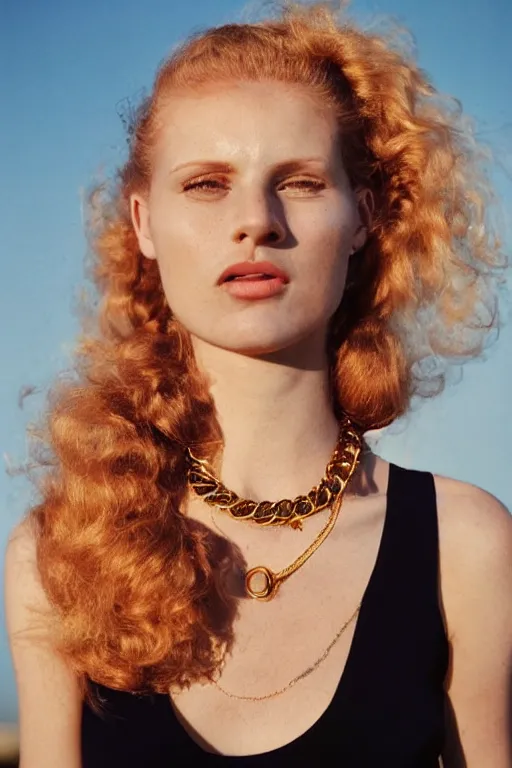 Prompt: vintage photograph of an olive skinned female model with strawberry blonde hair in her twenties, her hair pinned up, wearing a designer top and one gold standard chain necklace, looking content, focused on her neck, photo realistic, extreme detail skin, natural beauty, no filter, slr, golden hour, 4 k, high definition, selfie