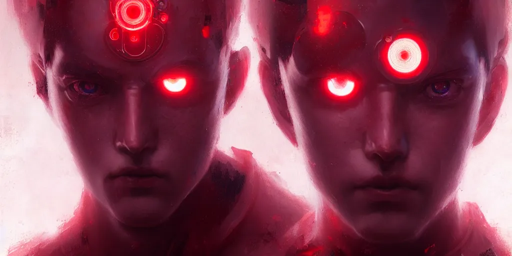 Image similar to beautiful ai robot realistic portrait of anime character, detailed eyes, manly face, crimson red aura, digital fantasy, art by greg rutkowski, aesthetic in 8 k