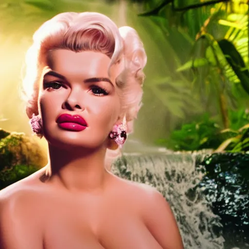 Image similar to a very beautiful sundance award winning image of jayne mansfield blowing a kiss under a tropical waterfall, full body, pale pink bikini, pink lipstick, detailed face, cinematic lightning, golden hour, medium shot, alexa mini, cryengine, raytracing, 4 k, cinematic wallpaper by gil elvgren, robert maguire, rudolf belarski