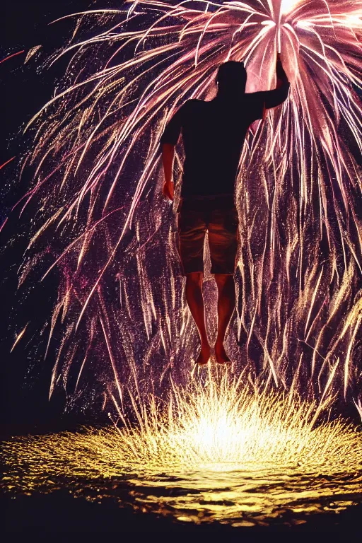 Prompt: man throwing a beagle in the air while standing in water with fireworks in background, full body, silhouette, reflection in water, volumetric lighting, golden ratio, backlit