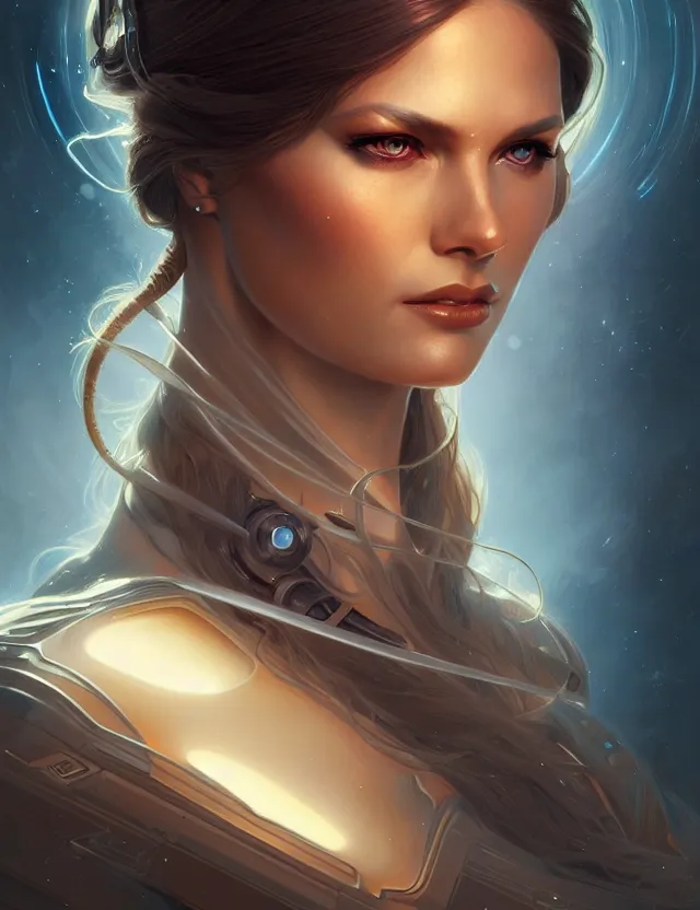 Image similar to futuristic woman portrait, sci-fi, amber eyes, face, long hair, fantasy, intricate, elegant, highly detailed, digital painting, artstation, concept art, smooth, sharp focus, illustration, art by artgerm and greg rutkowski and alphonse mucha