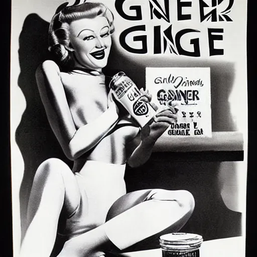 Prompt: ginger rogers with gennie make - up, dressed as green ninja, drinking a bottle of ginger gin and eating gingerbread for dinner, advertisement poster by h. r. giger