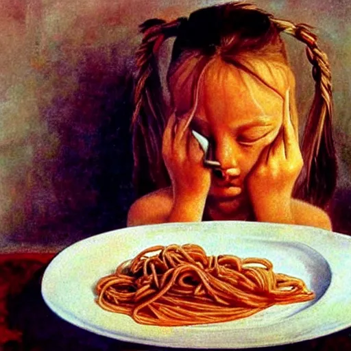 Image similar to girl eats spaghetti and crying spaghetti, style of Salvador Dali