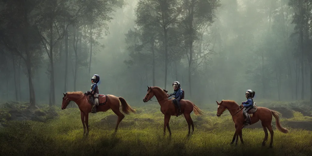 Prompt: american astronaut in an indian forest riding a beautiful horse, elegant scene, wide angle, cinematic, ultrarealistic, trending on artstation, cgsociety, highly detailed, color graded, rendered in Unreal Engine 4k HQ, matte painting, by simon stalenhag, horizon forbidden west