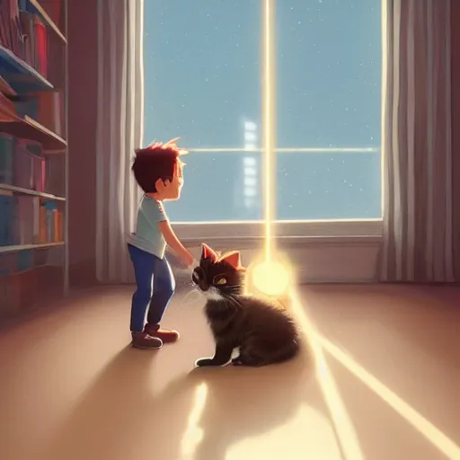 Prompt: kitten playing next to a man. in a room exist the kitten and the man. digital art. artstation. realistic. vibrant. illustration. in the style of pixar movie. octane render. art by makoto shinkai, stanley artgerm lau, wlop, rossdraws. volumetric lighting.