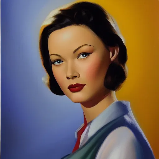 Prompt: oil painting by John Clymer, in the style of John Clymer, painting by John Clymer of a young beautiful Gene Tierney color studio publicity photo , tight face shot portrait, highly detailed, digital painting, artstation, concept art, illustration, art ,