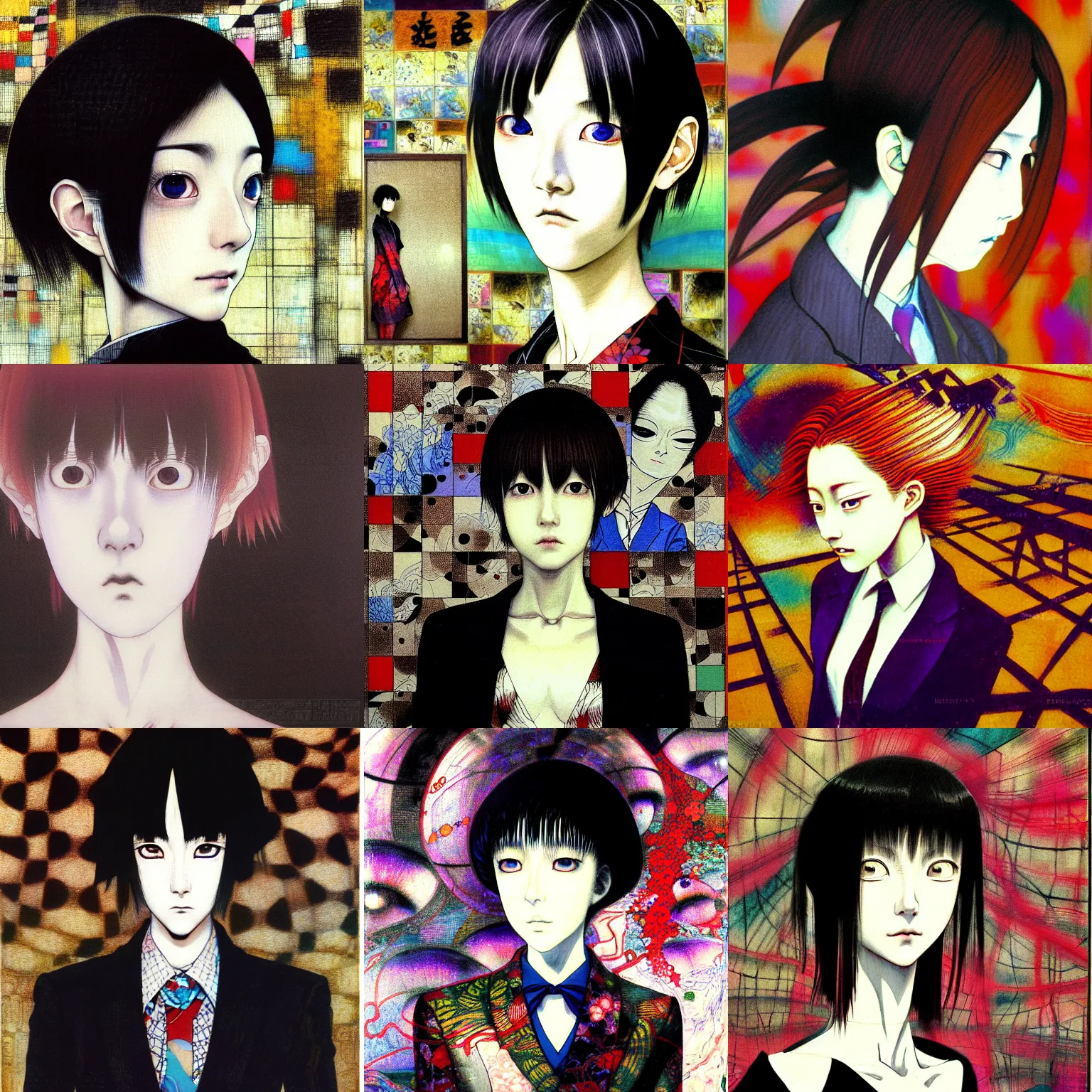 Prompt: yoshitaka amano blurred and dreamy realistic three quarter angle portrait of a young woman with short hair and black eyes wearing dress suit with tie, junji ito abstract patterns in the background, satoshi kon anime, noisy film grain effect, highly detailed, renaissance oil painting, weird portrait angle, 1 9 9 0 s anime