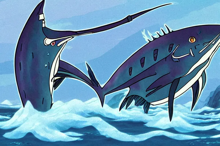 Image similar to cell shaded cartoon of a giant mechanized grey sailfish from howl's moving castle ( 2 0 0 4 ), in an icy river, full body, wide shot, very muted colors, post grunge, studio ghibli, highly detailed, deviantart, art by artgem