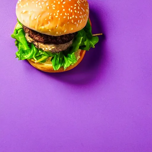 Image similar to a stock photo of a cheeseburger on a purple background, product photography, f 2. 4, bokeh effect, award winning