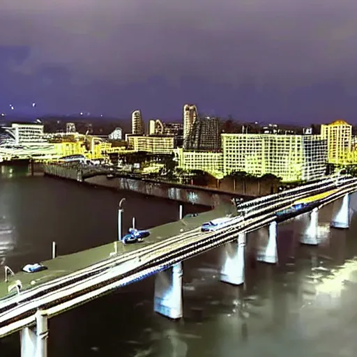 Prompt: blue hour, mostly cloudy sky, palm trees, bridge, curved bridge, dusk, oceanfront bridge, 2 4 0 p footage, 2 0 0 6 youtube video, 2 0 0 6 photograph, grainy low quality photograph, home video