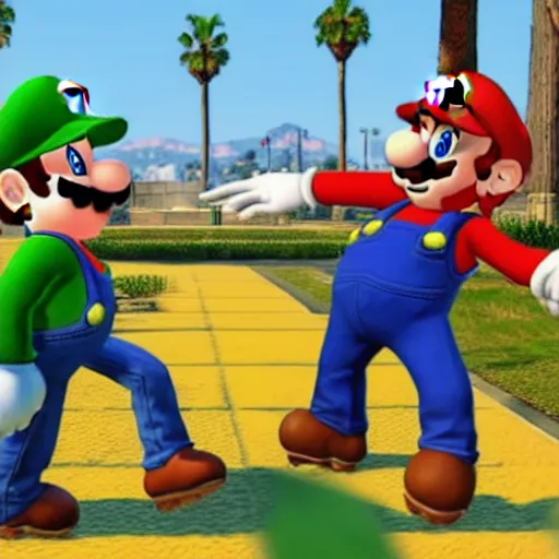 Prompt: Screenshot of Mario and Luigi in the game GTA V, highly detailed