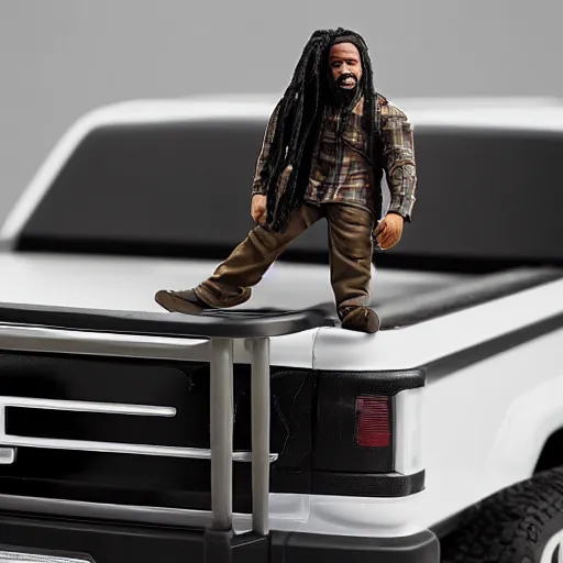 Image similar to black man action figure with dreads standing on top of a black rc pickup truck, close up photograph, white background