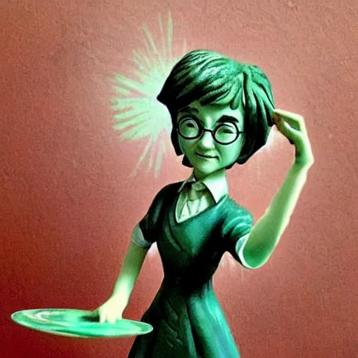 Image similar to A digital art. A rip in spacetime. Did this device in her hand open a portal to another dimension or reality?! Harry Potter, jade sculpture by Dustin Nguyen neat