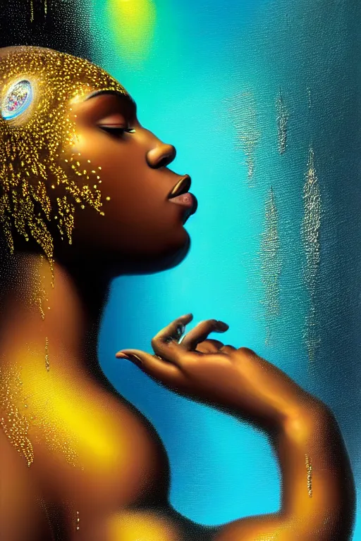 Prompt: hyperrealistic precisionist cinematic profile very expressive! black oshun goddess, sleeping in water!, mirror dripping droplet!, gold flowers, highly detailed face, digital art masterpiece, smooth eric zener cam de leon, dramatic pearlescent turquoise light on one side, low angle uhd 8 k, shallow depth of field