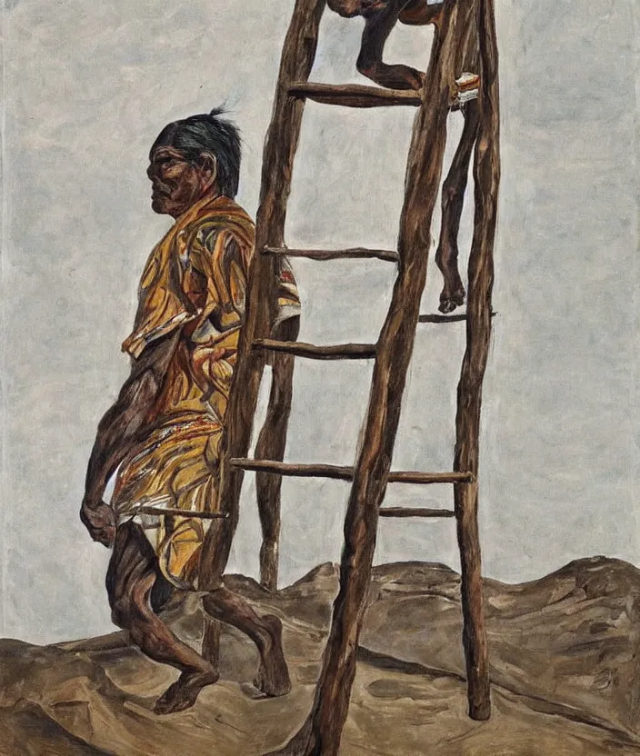 Image similar to indigenous man going up a ladder, painted by lucian freud, hd, super detailed, realistic, muted colors