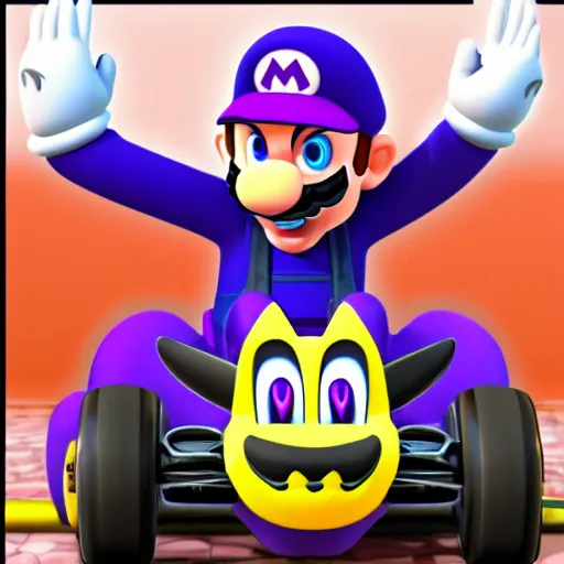 Image similar to mario kart cat waluigi